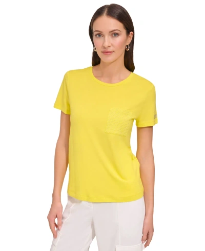 Dkny Women's Studded Pocket Short-sleeve Shirt In Fluoro Yellow