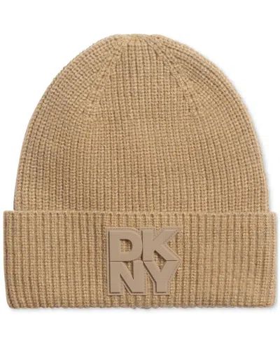 Dkny Women's Supersoft Ribbed Logo Patch Beanie In Truffle