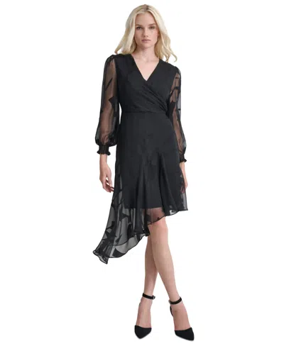 Dkny Women's Surplice-neck Asymmetric Midi Dress In Black