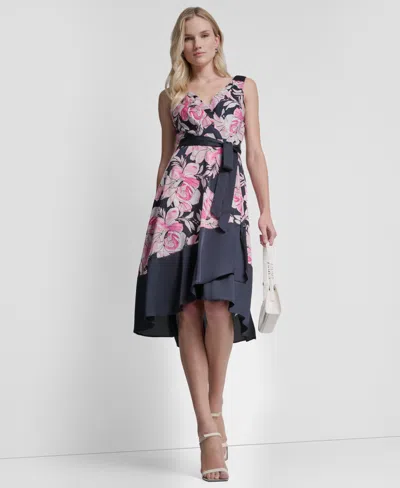 Dkny Womens Surplice Neck Asymmetrical Hem Dress In Multi