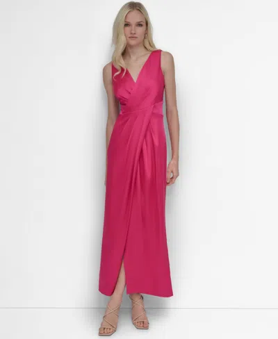 Dkny Women's Surplice-neck Faux-wrap Sleeveless Gown In Pink Peacock