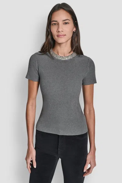 Dkny Women's Sweater With Embellished Neckline In Gray