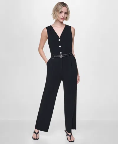 Dkny Women's Textured Belted Sleeveless Jumpsuit In Black