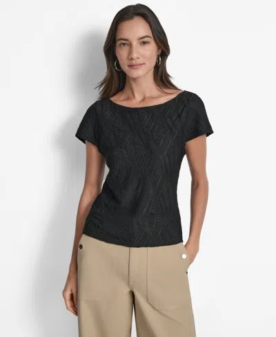 Dkny Women's Textured Boat-neck Short-sleeve Top In Black
