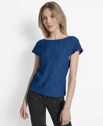 Dkny Women's Textured Boat-neck Short-sleeve Top In Blue