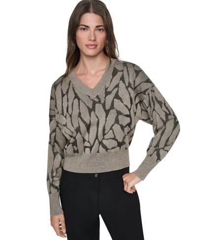 Dkny Jacquard V-neck Sweater In Gray