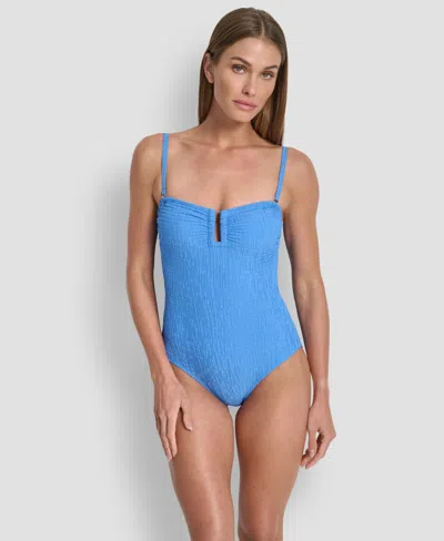Dkny Bandeau Shirred One-piece Swimsuit In Blue