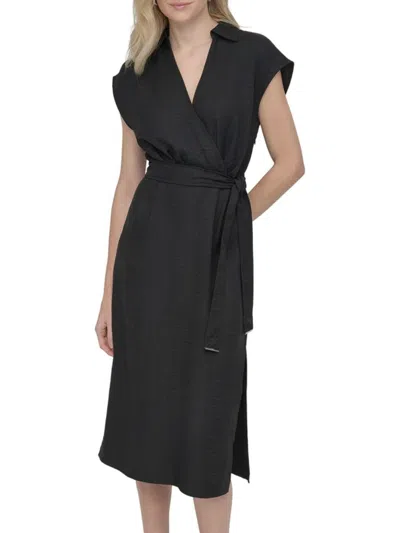 Dkny Women's Textured Sleeveless Surplice Midi Shirtdress In Black