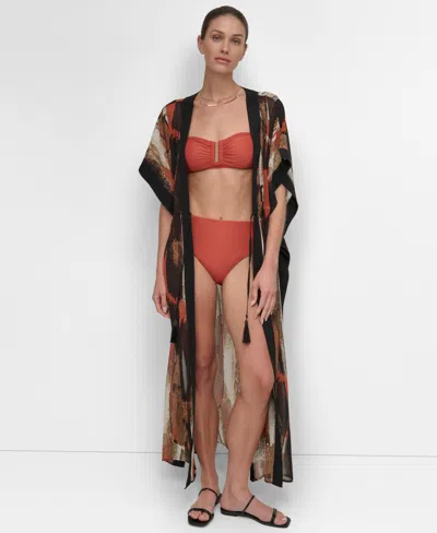 Dkny Women's Tie-front Cover-up Kaftan In Paint Stroke (truffle,black Multi)