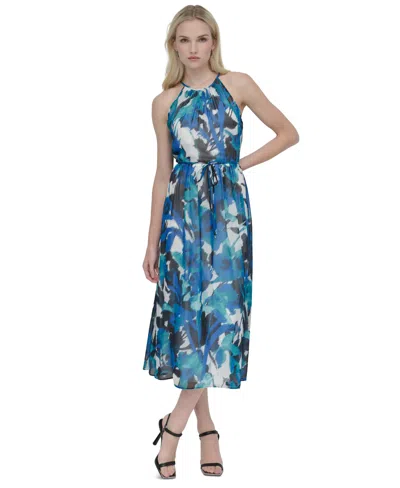 Dkny Women's Tie-waist Chiffon Fit & Flare Midi Dress In Ivory Multi