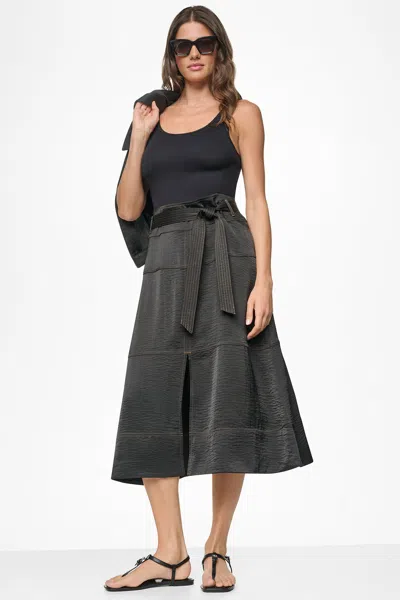 Dkny Tie Waist Contrast Stitch Midi Skirt In Black