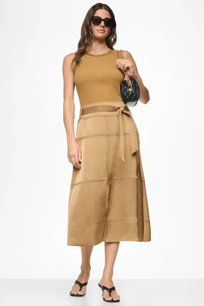 Dkny Tie Waist Contrast Stitch Midi Skirt In Brown