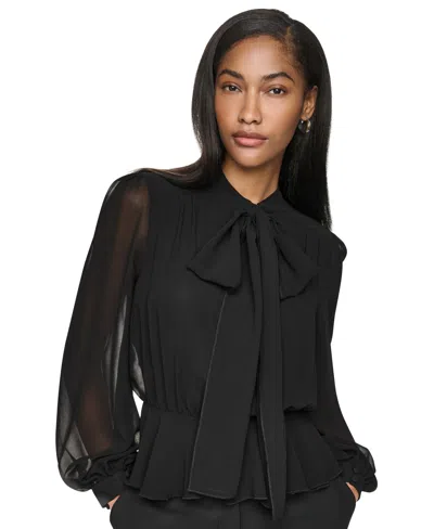 Dkny Women's Tie-neck Long-sleeve Blouse With Cami Top In Black