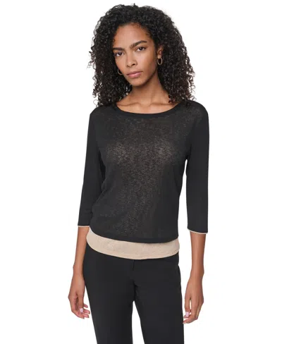 Dkny Women's Tissue Knit Scoop Neck 3/4-sleeve Pullover Sweater In Black  Birch,travertine Multi