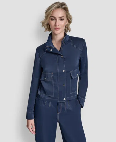 Dkny Women's Top Stitch Glazed High Mock Neck Dressing Jacket In Blue