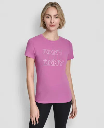 Dkny Women's Triple Rhinestone Foil Logo Crewneck Baby T-shirt In Purple