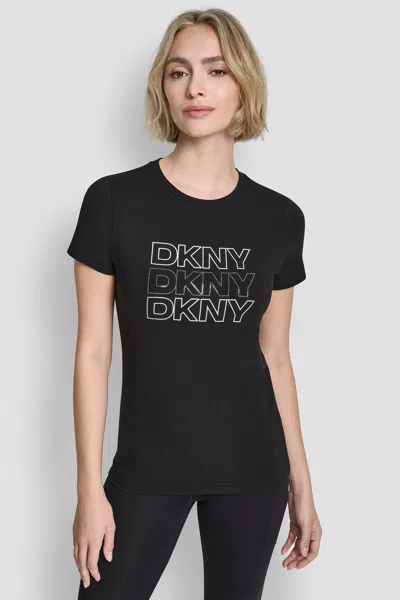 Dkny Women's Triple Rhinestone Foil Logo T-shirt In Black