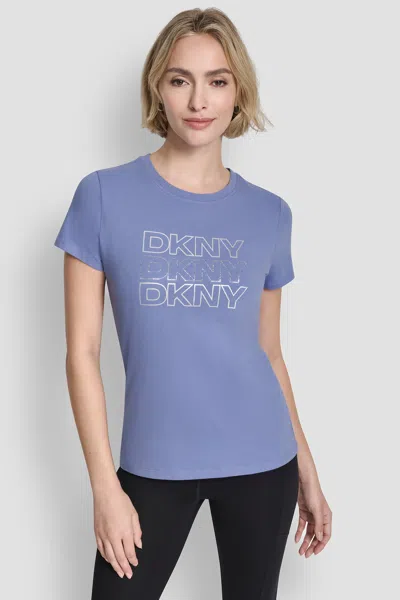 Dkny Women's Triple Rhinestone Foil Logo T-shirt In Blue