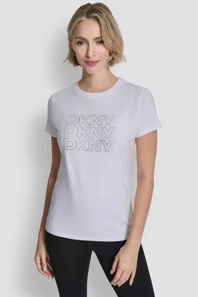 Dkny Women's Triple Rhinestone Foil Logo T-shirt In White
