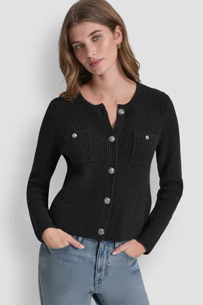Dkny Women's Tuck Stitch Crew Neck Cardigan In Black