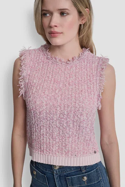 Dkny Women's Tweed Fringe Sweater With Logo Charm In Pink
