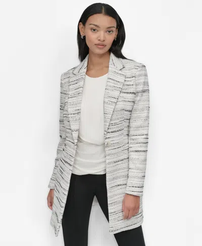 Dkny Women's Tweed Notch-collar One-button Long Blazer In Ivory,black