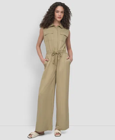 Dkny Women's Twill Button-front Drawstring-waist Jumpsuit