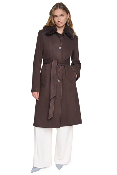 Dkny Women's Twill Coat With Fur Collar In Brown