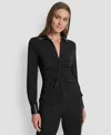 Dkny Mixed Media Long Sleeve Knot Front Top In Black