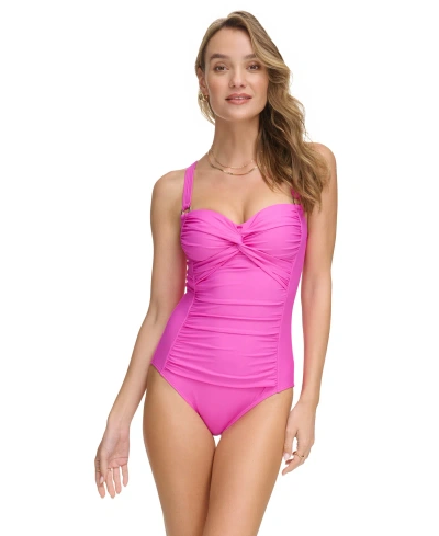 Dkny Women's Twist-front One-piece Swimsuit In Carnation Pink