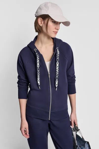 Dkny Women's Two Tone Logo Drawcord Zip Hoodie In Blue