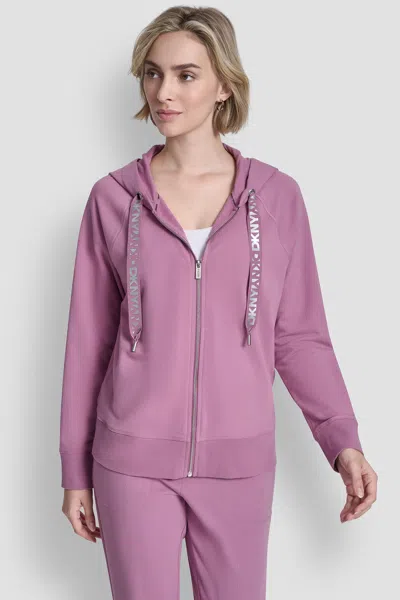 Dkny Women's Two Tone Logo Drawcord Zip Hoodie In Pink