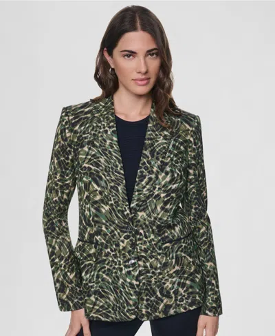 Dkny Women's Two-button Collared & Flap Pockets Jacket In Forest Leopard