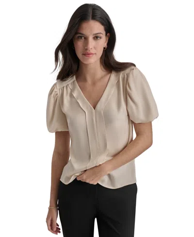 Dkny Petite V-neck Balloon-short-sleeve Blouse In Parchment