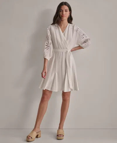 Dkny Women's V-neck Embroidered-trim Belted Dress In White