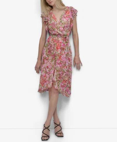 Dkny Women's V-neck Flutter-sleeve Faux-wrap Dress In Pink