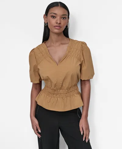 DKNY WOMEN'S V-NECK PUFF-SLEEVE PEPLUM TOP