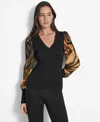 Dkny Women's V-neck Rib-knit Satin-long-sleeve In Black