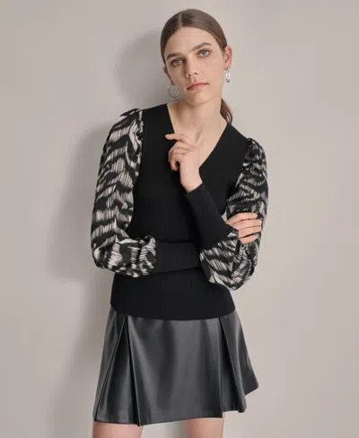 Dkny Women's V-neck Rib-knit Satin-long-sleeve In Black/stripe