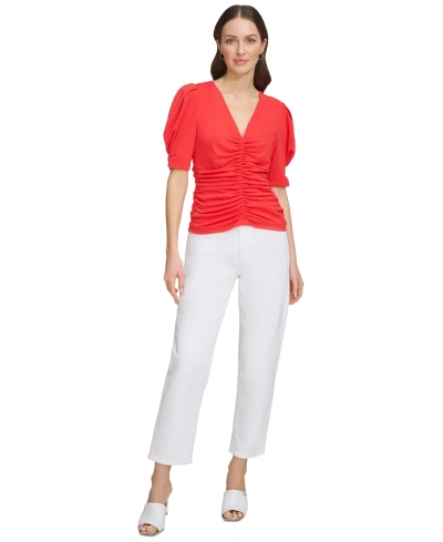 Dkny Women's V-neck Ruched Knit Elbow-sleeve Top In Flame