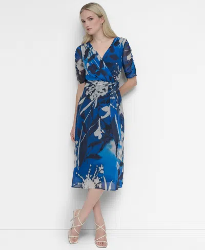 Dkny Women's V-neck Ruched-sleeve Belted Midi Dress
