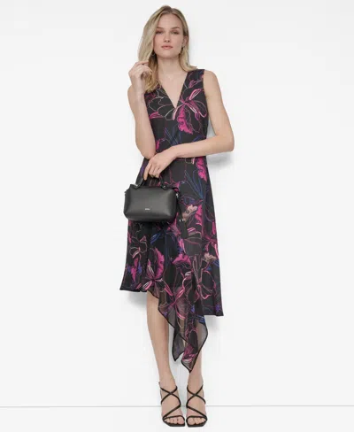 Dkny Women's V-neck Sleeveless Asymmetrical Midi Dress In Multi