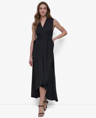 Dkny Women's V-neck Sleeveless Belted High-low Hem Dress In Black