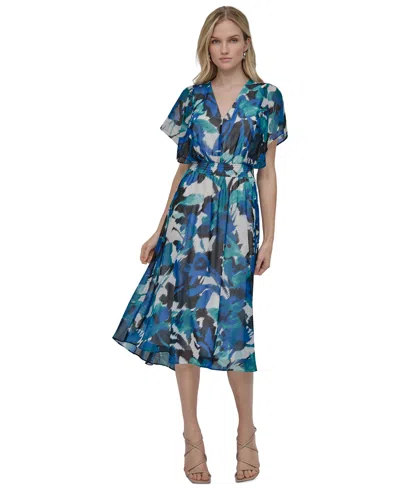 Dkny Women's V-neck Smocked-waist Flutter-sleeve Dress In Ivory Multi