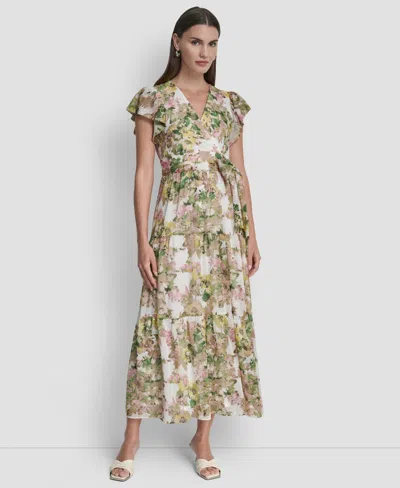 Dkny Women's V-neck Tiered Long Dress In Multi