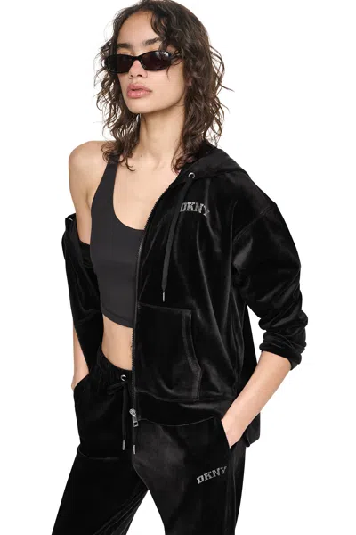 Dkny Women's Varsity Velour Rhinestone Logo Full Zip Hoodie In Black