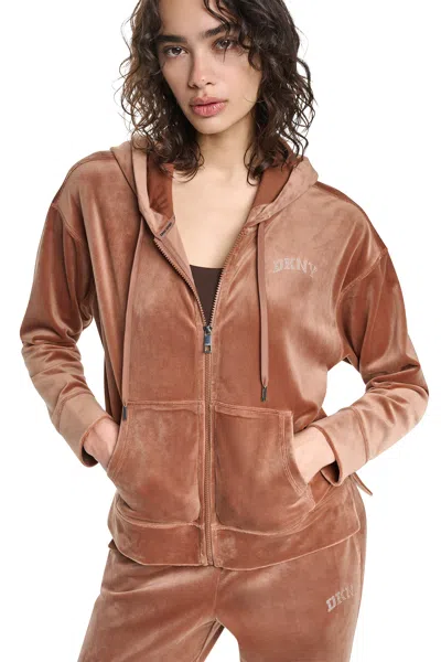 Dkny Women's Varsity Velour Rhinestone Logo Full Zip Hoodie In Brown