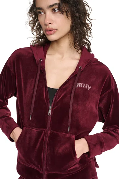 Dkny Women's Varsity Velour Rhinestone Logo Full Zip Hoodie In Burgundy