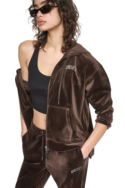 Dkny Women's Varsity Velour Rhinestone Logo Full Zip Hoodie Wit In Brown