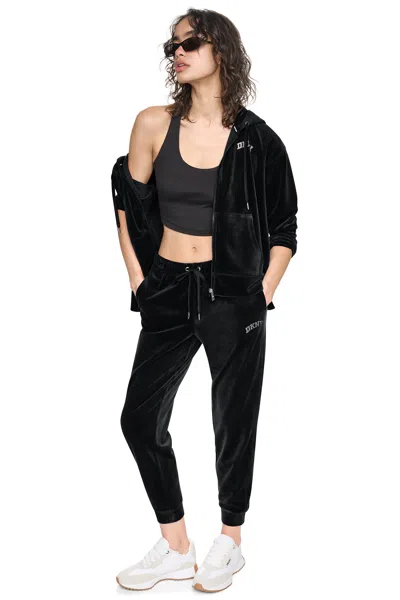 Dkny Women's Varsity Velour Rhinestone Logo Mid-rise Jogger Pants In Black